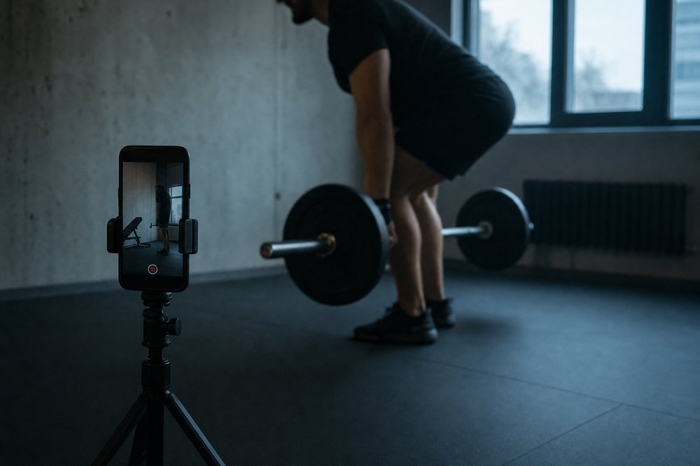 Atleet in een spaarzaam ingerichte thuisgym met een telefoon op een statief die de tilbeweging filmt, in koud licht.